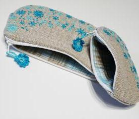 Embroidery purse Turquoise flowers 1 pair Pouch Cluth Wallet Cosmetic bags