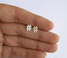 Sterling Silver Hashtag Earrings, Twitter Earrings, hash symbol studs