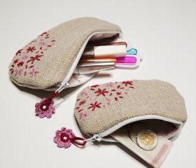 Hand embroidery Clouth 1 pair unique Purse Beige fabric Pink and Cyclamen embroidery Pouch
