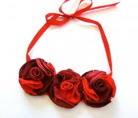 Blazing red recycled T-shirt fabric flower statement necklace