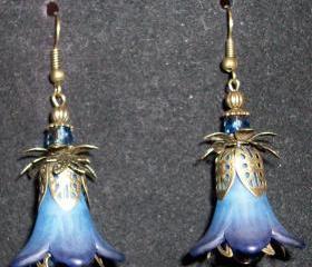 Earrings Midnight Blue Trumpet Flowers with Bronze Findings
