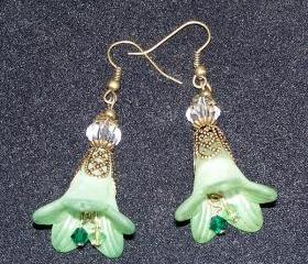 Earrings Green Trumpet Flowers with Bronze Findings