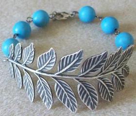 Antiqued Leaf Bracelet with 8 mm Turquoise Beads