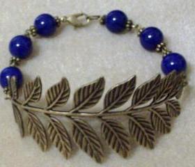 Bracelet Bronze Antiqued Leaf with Lapis Lazuli Gemstone Beads Blue Round 10 mm AAA Smooth Drilled