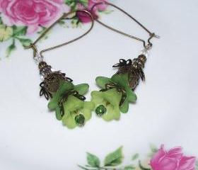 Earrings Green Trumpet Flowers with Green Lily Flower and Bronze Findings