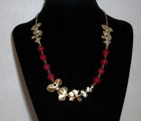 OOAK Necklace Matte Gold Flower and Hibiscus Red Jade Beads