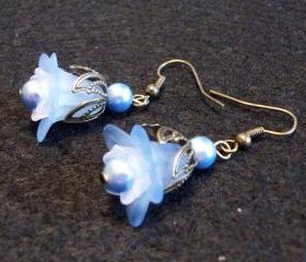 Blue Daisy and White Bell with Blue Swarovski Pearl Earrings