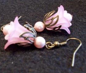 Pink Daisy and White Bell with Pink Swarovski Pearl Earrings