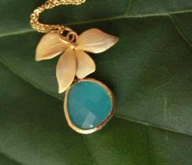 Gold Plated Floral Necklace with Ocean Blue Pendant, Wild Orchids