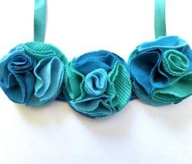 Aqua green and blue recycled T-shirt fabric flower statement necklace