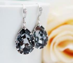 Bridal Earrings Bridesmaid Earrings cubic zirconia ear wires and Silver Night Swarovski Crystal Tear drops