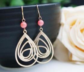 Modern Jewelry Modern Earrings Matte gold plated charm with bamboo coral beads Earrings . For Her. Gift for Her . Gift Under 20