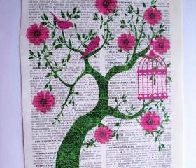Vintage Dictionary Art Print Pink and Green Tree of Life Original Artwork