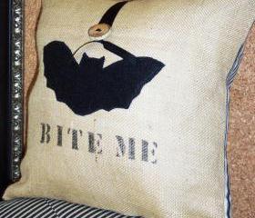 Burlap Decorative Throw Pillow Cover with Black Eco Friendly Felt Bat Applique and Bite Me