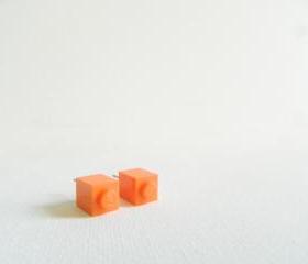 Single Square Orange Lego Earrings