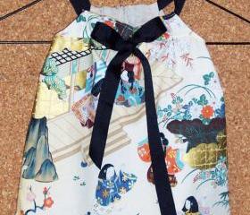 Girl's Dress / Tunic in ivory Asian geisha inspired cotton with a taupe cotton Back / 1T or 12 months