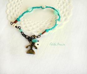 Call me, Friendship bracelet with vintage telephone charm, aqua green and mint