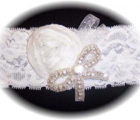 White Rose and Rhinestone Bow Garter 500
