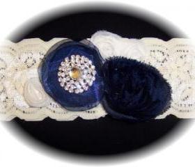 Ivory and Navy Blue Lace Wedding Garter 513