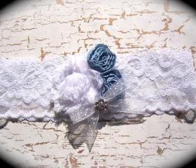 Vintage White Lace and Light Blue Wedding Garter 518