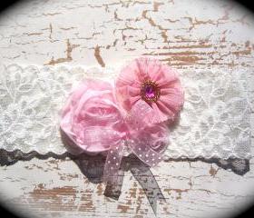 Vintage Pink Flowers and Lace Wedding Garter 519