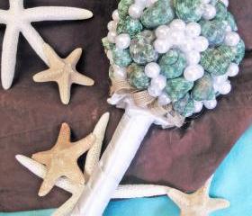 Teal Sea Shell Bridal Bouquet Pearl Beach Wedding Bouquet