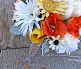  Yellow Bridal Bouquet, Gray Silk Wedding Bouquet, Pearls