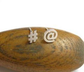 Twitter Stud Earrings, Sterling Silver Earrings, At Sign and Hash Sign Asymmetrical Studs, Hand Cut