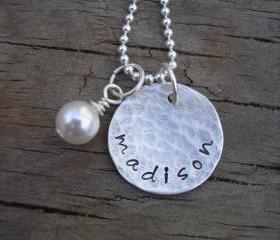 Personalized Hand Stamped Name Necklace - Single Name Sterling Silver Pendant - Rustic Finish