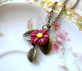 Leaf Necklace Sunflower Necklace Maroon Necklace Sunflower Jewelry Flower Necklace