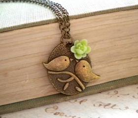 Bird Necklace Green Necklace Flower Necklace Bird Pendant Kissing Couple Pendant