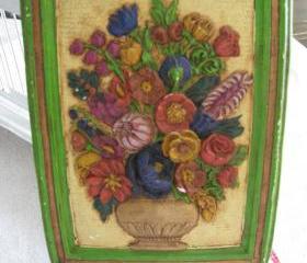 Chalkware Wall Plaque Basket of Posies Vintage Hanging Art