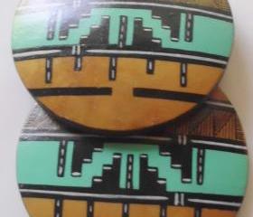 vintage wooden disc earrings with tribal design