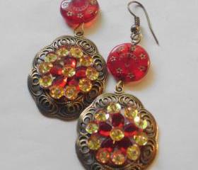 red and gold rhinestone earrings with oxidized brass pendants