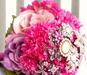 Pink Brooch Bouquet with vintage brooches, lavander, magenta and pink flowers