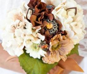 Brown, Cream and Copper Wedding Bouquet with Brooches and Jewelry finds