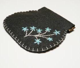 Flex frame Purse Felt Dark grey Hand embroidery flex case