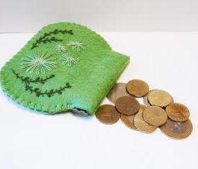 Flex Purse Felt wallet Green flowers flew pouch Cluth case