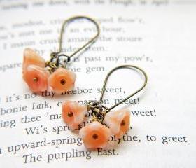 Cream And Peach Baby Bell Flower Earrings. Antique Brass Kidney Ear Wires
