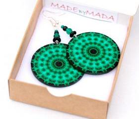 Fluo Emerald green mandala Earrings Round decoupage jewelry