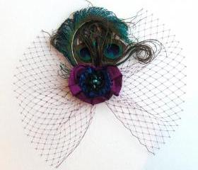 Peacock Feather Magenta Silk Pansy Veil Fascinator.