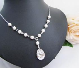 Wedding Bridal Jewelry Bridal Necklace - Crystal White Swarovski Pearls and Clear Swarovski Crystal Drop