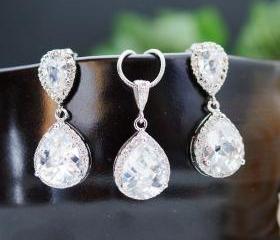 Wedding Jewelry Bridal Jewelry Bridal Earrings Bridal Necklace Clear White LUX Cubic Zirconia Tear drops Jewelry Set