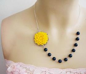 Wedding Jewelry Bridal Necklace Bridesmaid Necklace Bridesmaid Jewelry Light Yellow Flower Cabochon and Crystal Petrol Swarovski Pearls