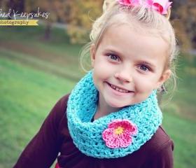 Crochet Cowl - Neckwarmer - Scarf - Iced Aqua with Pink Flower