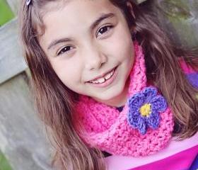 Girls - Crochet Cowl - Neckwarmer - Scarf - Bubble Gum Pink with Violet Flower
