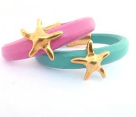  Thick leather bracelet with a gold plated starfish charm,turquoise or hot pink with magnetic clasp
