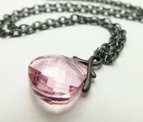 Crystal Pink Necklace Pink Jewelry Beaded Necklace Gun Metal Briolette Necklace