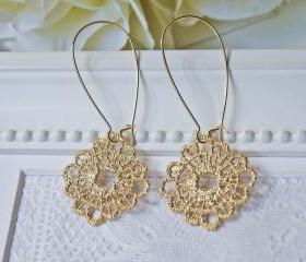 Matte Gold Lace Earrings. Simple Dangle Earrings. Modern. Romantic