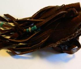 Handmade Small Chocolate Brown Leather Pouch with Turquoise and Silver
